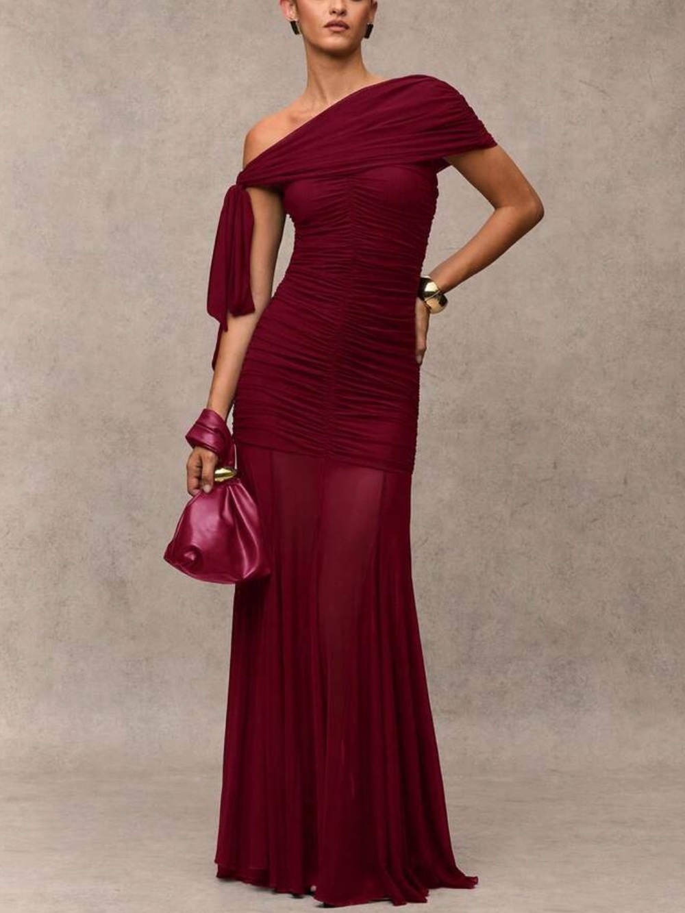 Elegant One-Shoulder Burgundy Evening Dress - Picture 3 of 8